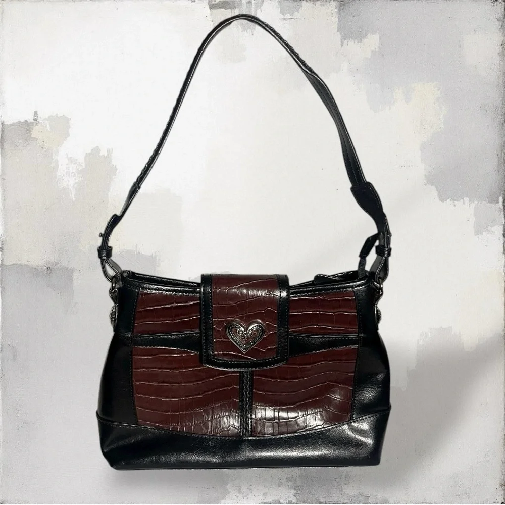 Vintage black and burgundy/red crocodile-embossed leather shoulder bag